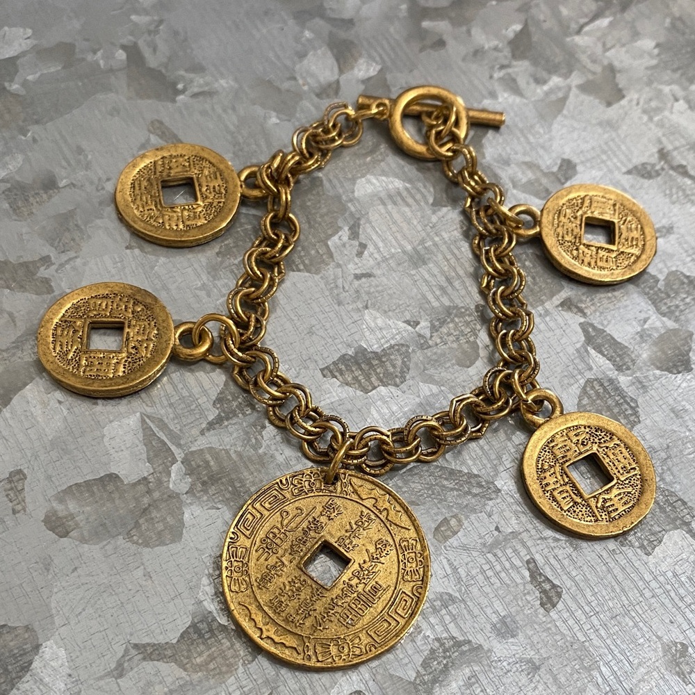 Vintage Chinese Gold Coin Charm Bracelet